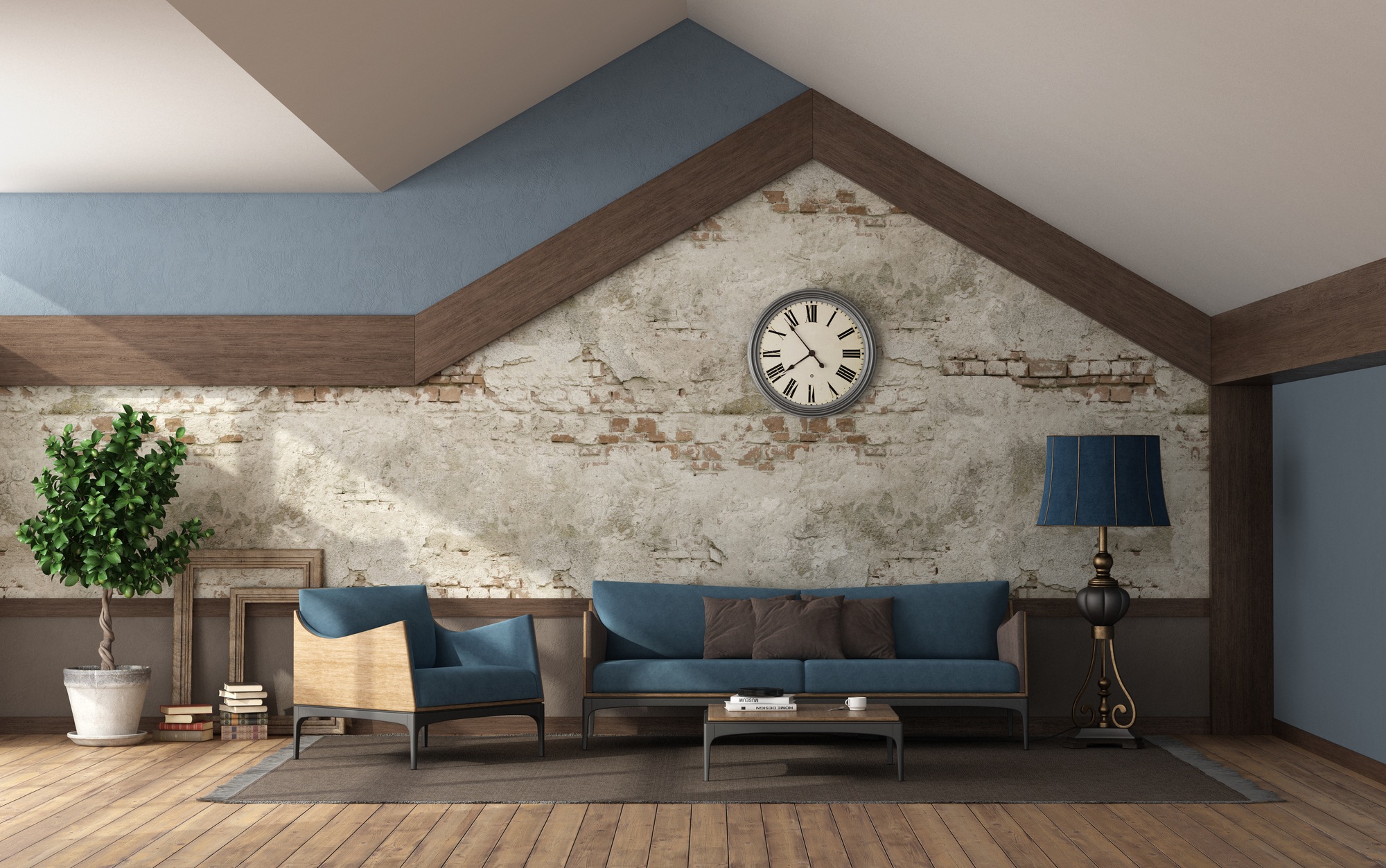 Rustic style living room with stone wall and pitched roof